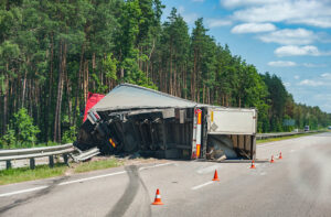 tractor trailer lying on its side after a truck accident